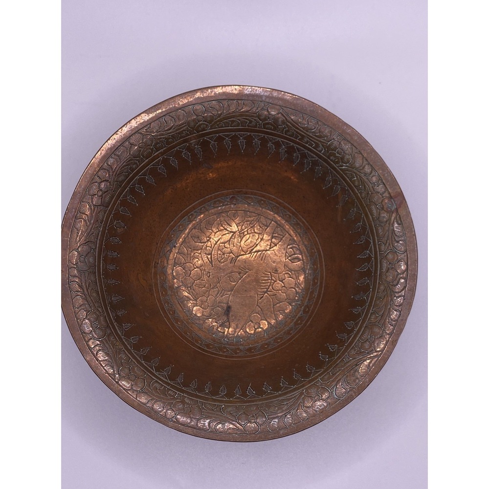 Antique Copper Bowl Middle Eastern Engraved With Floral And Bird Motif